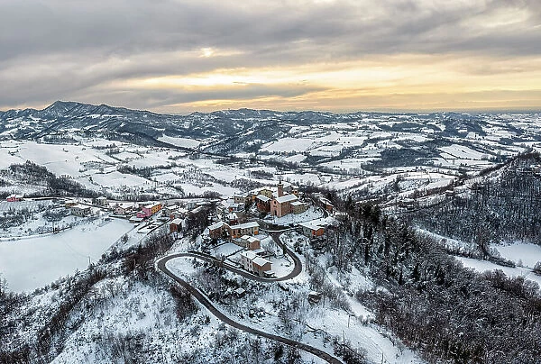 Winter aerial view of the town of Casasco in the Alessandria hills. Alessandria province, Piedmont, Italy