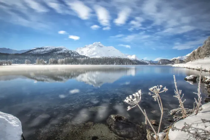 Framed Print : Winter clouds dancing in the wind reflecting in Lake Sils. Engadine. Switzerland Framed Print : Winter clouds dancing in the wind reflecting in Lake Sils. Engadine. Switzerland