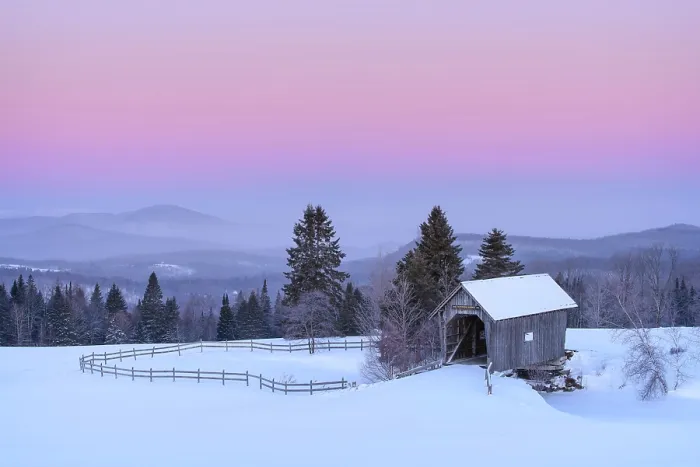 Framed Print : Winter dawn at the A.M. Foster Bridge, Green Mountains, Cabot, Vermont, USA Framed Print : Winter dawn at the A.M. Foster Bridge, Green Mountains, Cabot, Vermont, USA