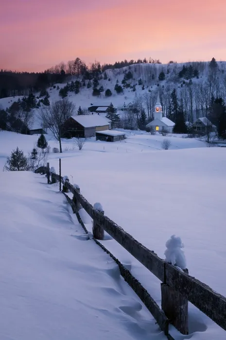 Framed Print : Winter dusk over white-steeple church and barn with farmer fenc, Green Mountains, East Corinth, Vermont, USA Framed Print : Winter dusk over white-steeple church and barn with farmer fenc, Green Mountains, East Corinth, Vermont, USA