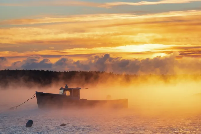 Framed Print : Winter fog over fishing boat at Five Islands, Maine, USA Framed Print : Winter fog over fishing boat at Five Islands, Maine, USA
