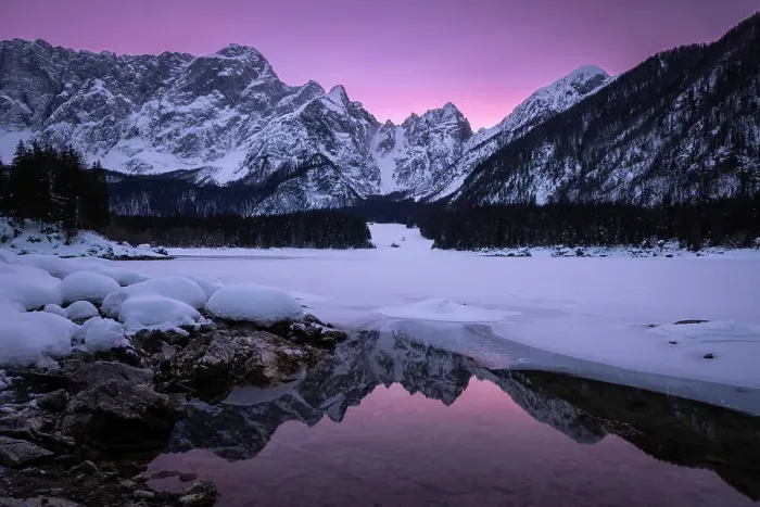 Framed Print : Winter at Lago di Fusine, Julian Alps, Italy