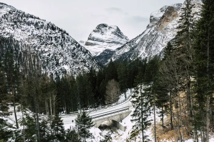 Framed Print : Winter landscape and bridge, Dolomites Alps, Alto Adige, Italy Framed Print : Winter landscape and bridge, Dolomites Alps, Alto Adige, Italy