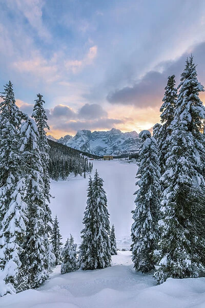 winter landscape of Misurina at sunset with Dolomites on background, Auronzo di Cadore