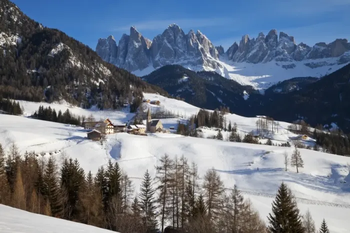 Framed Print : Winter landscape of St. Magdalena village and church, Geisler Spitzen (3060m) Framed Print : Winter landscape of St. Magdalena village and church, Geisler Spitzen (3060m)