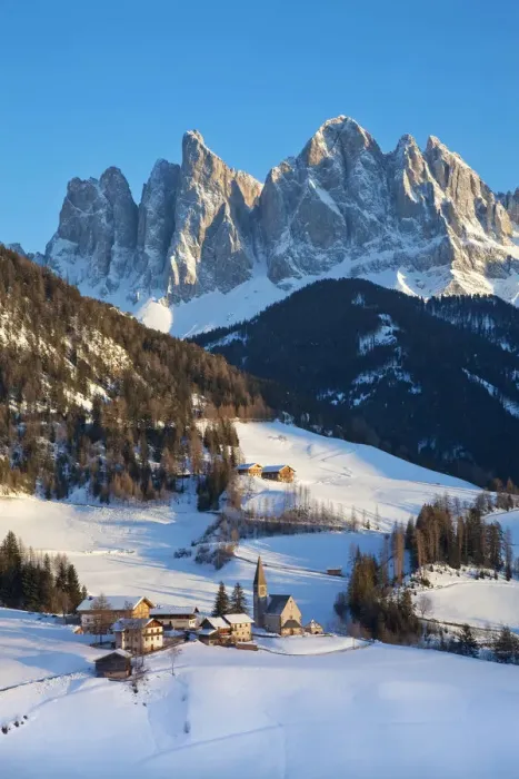 Framed Print : Winter landscape of St. Magdalena village and church, Geisler Spitzen (3060m), Val Framed Print : Winter landscape of St. Magdalena village and church, Geisler Spitzen (3060m), Val