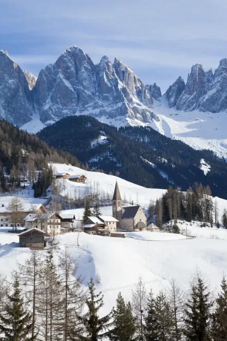 Framed Print : Winter landscape of St. Magdalena village and church, Geisler Spitzen (3060m), Val Framed Print : Winter landscape of St. Magdalena village and church, Geisler Spitzen (3060m), Val
