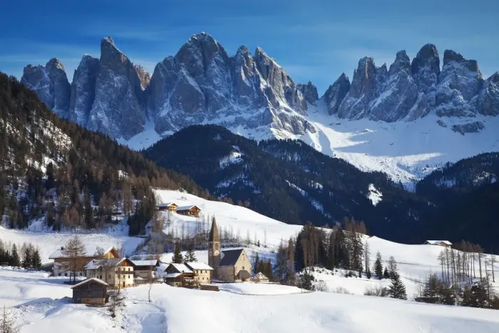 Framed Print : Winter landscape of St. Magdalena village and church, Geisler Spitzen (3060m), Val Framed Print : Winter landscape of St. Magdalena village and church, Geisler Spitzen (3060m), Val