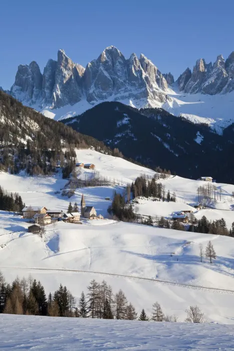 Framed Print : Winter landscape of St. Magdalena village and church, Geisler Spitzen (3060m), Val