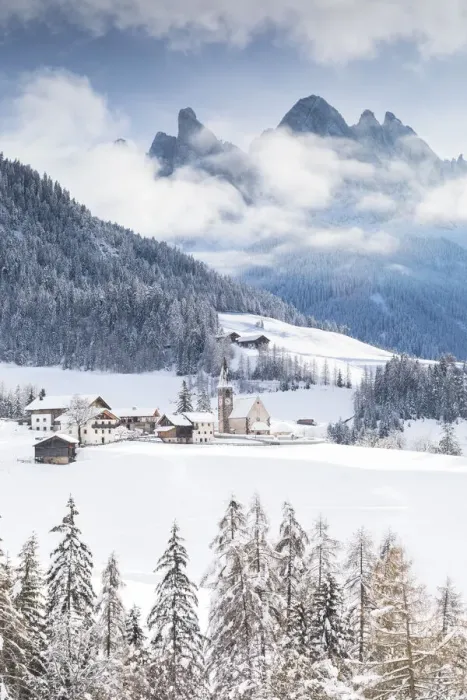Framed Print : Winter landscape in Villnaoss with Geisler Group in the background Framed Print : Winter landscape in Villnaoss with Geisler Group in the background