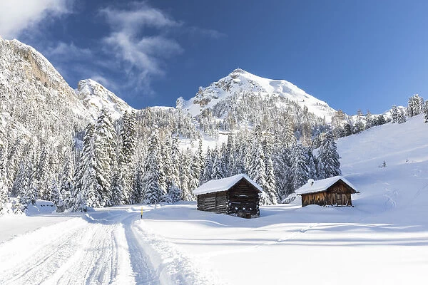 winter landscape in Villnoss with two alpine huts into a snowz forest