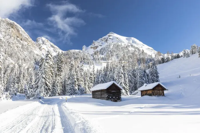 Framed Print : winter landscape in Villnoss with two alpine huts into a snowz forest Framed Print : winter landscape in Villnoss with two alpine huts into a snowz forest