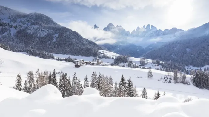 Framed Print : Winter landscape in Villnoss with Geisler Group in the background Framed Print : Winter landscape in Villnoss with Geisler Group in the background