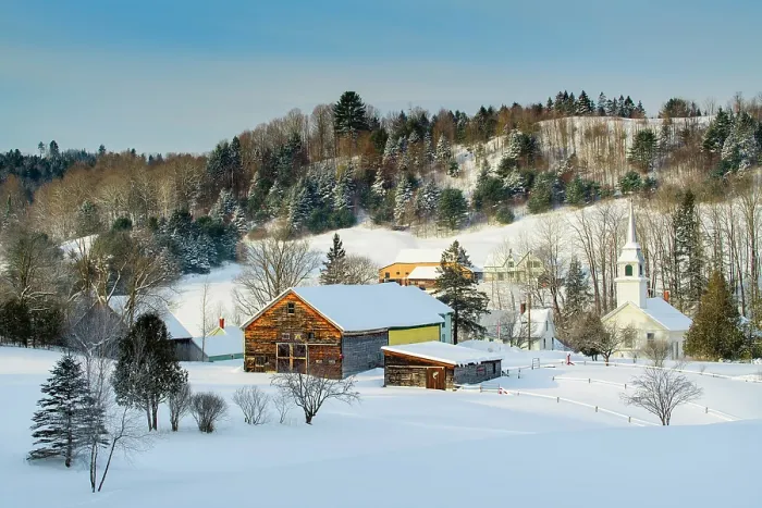 Framed Print : Winter morn over white-steeple church and barn, Green Mountains, East Corinth, Vermont, USA Framed Print : Winter morn over white-steeple church and barn, Green Mountains, East Corinth, Vermont, USA