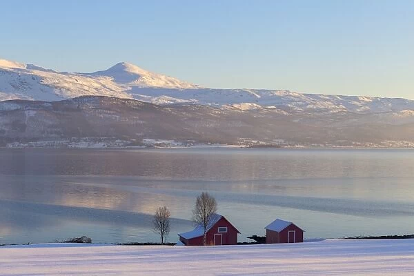 Winter panorama around Gibostad. Gibostad, Gisundet, Senja, Norway, Europe