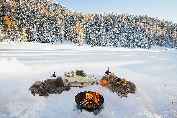 Winter Picnic in Engadin, Canton of Graubunden, Switzerland, Europe