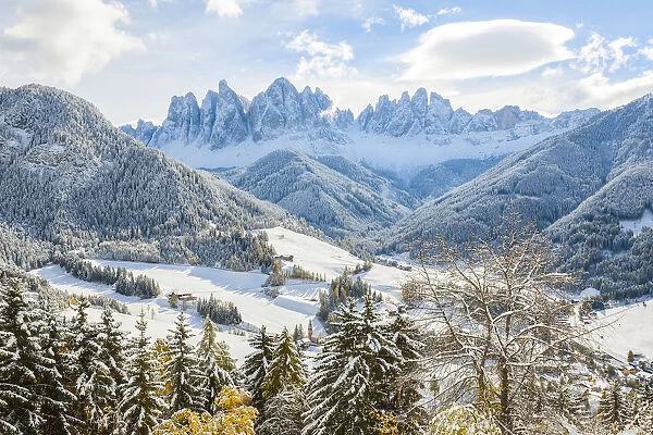 Winter snow, St. Magdalena village, Geisler Spitzen (3060m), Val di Funes, Dolomites