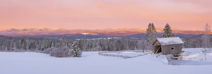 Framed Print : Winter sunrise at the A.M. Foster Bridge, Green Mountains, Cabot, Vermont, USA Framed Print : Winter sunrise at the A.M. Foster Bridge, Green Mountains, Cabot, Vermont, USA
