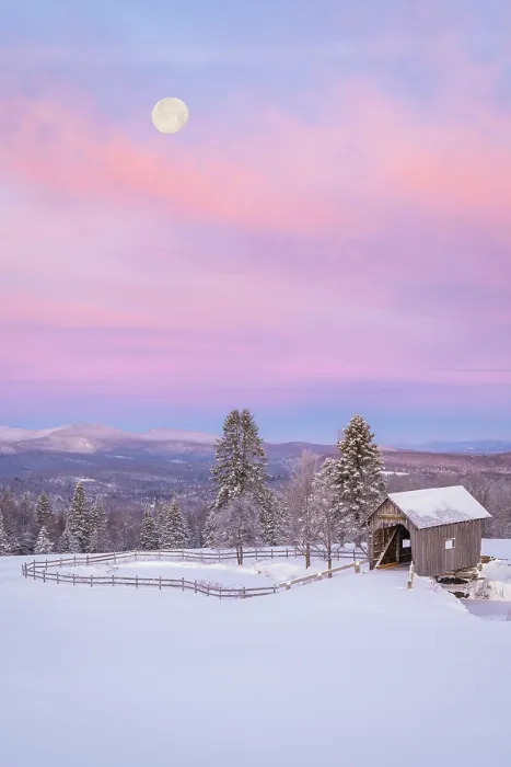 Framed Print : Winter sunrise over the A.M. Foster Bridge with rising moon, Green Mountains, Cabot, Vermont, USA Framed Print : Winter sunrise over the A.M. Foster Bridge with rising moon, Green Mountains, Cabot, Vermont, USA