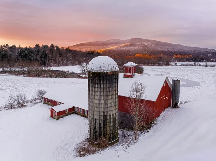 Framed Print : Winter Sunrise over Barn and Silo, Green Mountains, Waterville, Vermont, USA