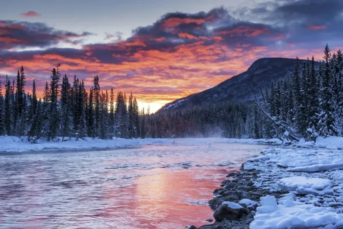 Framed Print : Winter Sunrise over Bow River, Banff National Park, Alberta, Canada Framed Print : Winter Sunrise over Bow River, Banff National Park, Alberta, Canada