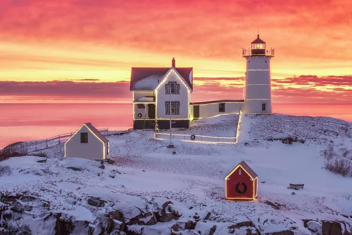 Framed Print : Winter sunrise with holiday lights at Nubble Lighthouse, York, Maine, USA Framed Print : Winter sunrise with holiday lights at Nubble Lighthouse, York, Maine, USA