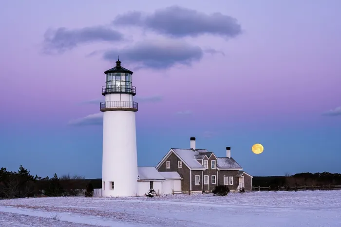 Framed Print : Winter sunrise with full moon at Highland Lighthouse, Cape Cod, North Truro, Massachusetts, USA Framed Print : Winter sunrise with full moon at Highland Lighthouse, Cape Cod, North Truro, Massachusetts, USA