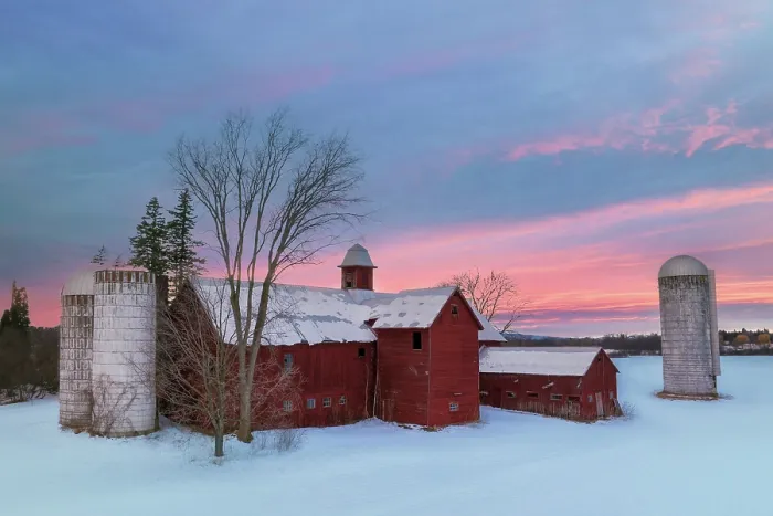 Framed Print : Winter sunrise over red barn, Green Mountains, Charlotte, Vermont, USA Framed Print : Winter sunrise over red barn, Green Mountains, Charlotte, Vermont, USA