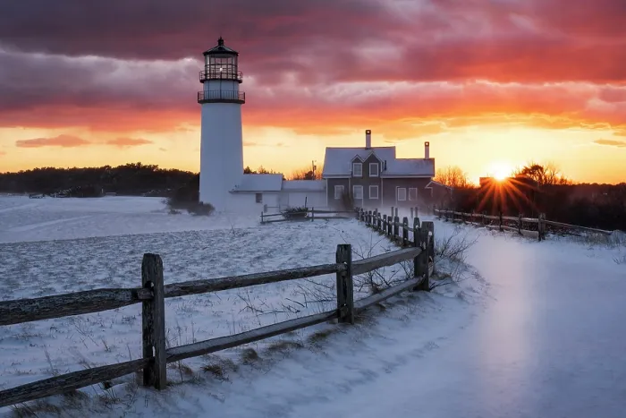 Framed Print : Winter sunset at Highland Lighthouse on Cape Cod, North Truro, Massachusetts, USA Framed Print : Winter sunset at Highland Lighthouse on Cape Cod, North Truro, Massachusetts, USA