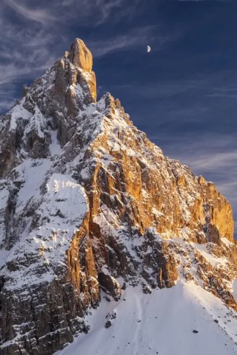 Framed Print : Winter sunset with moon over Cimon della Pala, Trentino Alto Adige, Italy Framed Print : Winter sunset with moon over Cimon della Pala, Trentino Alto Adige, Italy