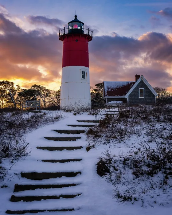 Framed Print : Winter sunset at Nauset Beach Lighthouse on Cape Cod, Eastham, Massachusetts, USA Framed Print : Winter sunset at Nauset Beach Lighthouse on Cape Cod, Eastham, Massachusetts, USA