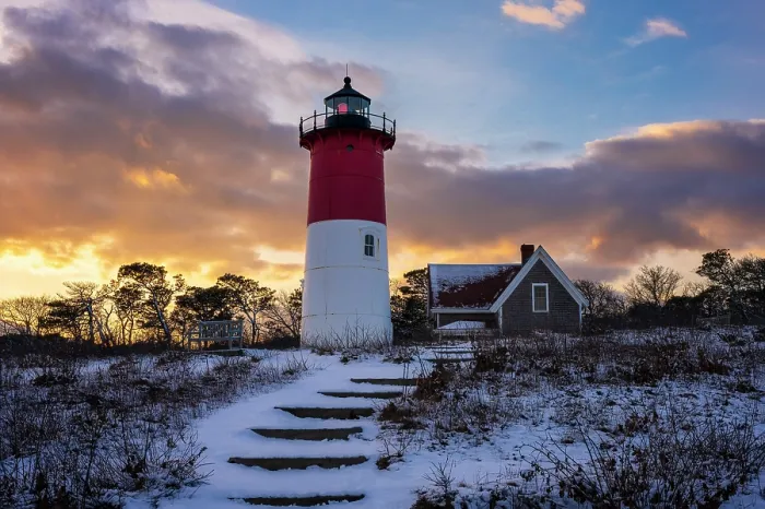 Framed Print : Winter sunset at Nauset Beach Lighthouse on Cape Cod, Eastham, Massachusetts, USA Framed Print : Winter sunset at Nauset Beach Lighthouse on Cape Cod, Eastham, Massachusetts, USA