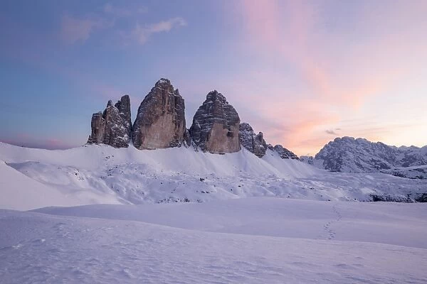 Winter sunset of the Three Peaks, Bolzano district, South Tyrol, Italy, Europe