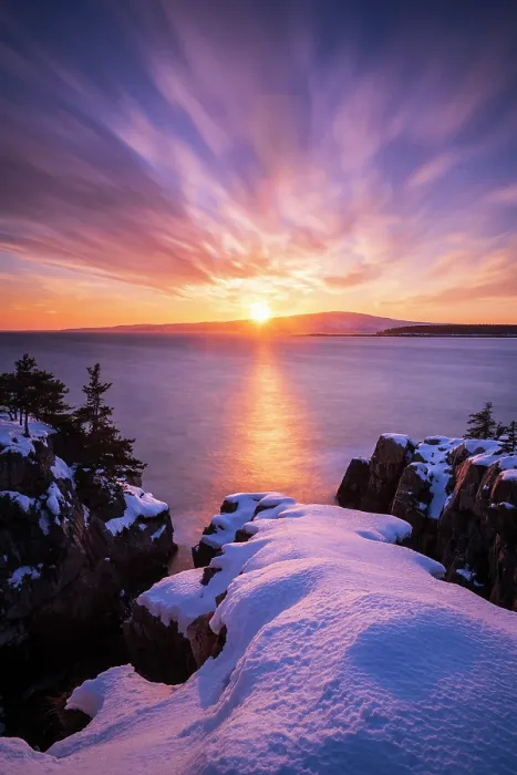 Framed Print : Winter sunset from Schoodic Peninsula, Acadia National Park, Maine, USA Framed Print : Winter sunset from Schoodic Peninsula, Acadia National Park, Maine, USA