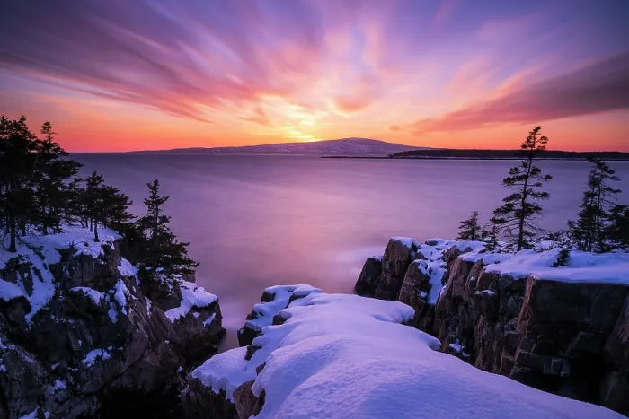 Framed Print : Winter sunset from Schoodic Peninsula, Acadia National Park, Maine, USA Framed Print : Winter sunset from Schoodic Peninsula, Acadia National Park, Maine, USA