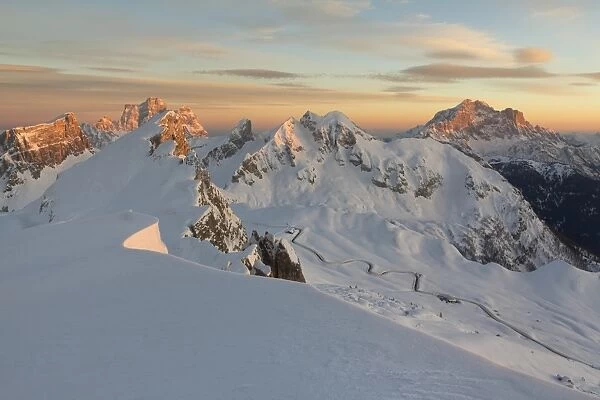 Winter sunset from the summit of Nuvolao towards the Giau with Pelmo and Civetta in the background
