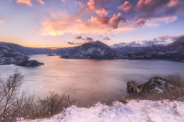 Winter sunset over the village of Varenna, Como Lake, Lombardy, Italy
