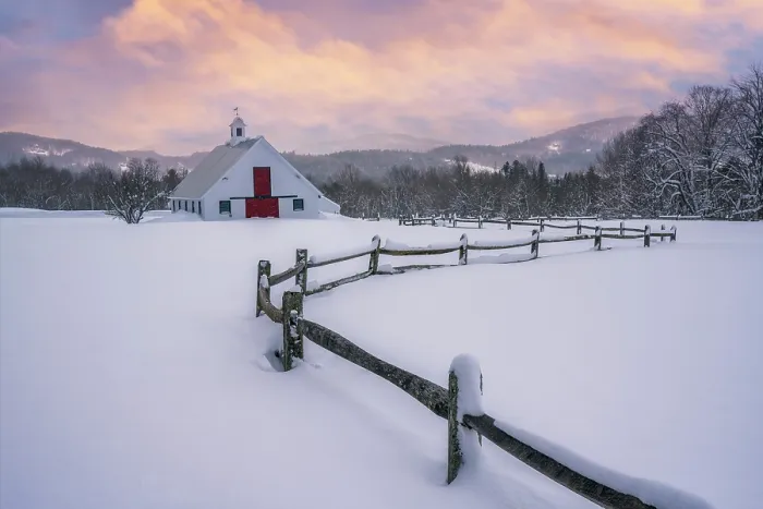Framed Print : Winter sunset over white barn and farmer fence, Green Mountains, Warren, Vermont, USA Framed Print : Winter sunset over white barn and farmer fence, Green Mountains, Warren, Vermont, USA