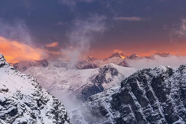 Winter sunsetscape over the mountains of Valmalenco valley