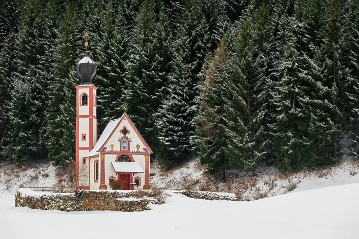 Framed Print : Winter view of Church of St. Johann in Ranui, Dolomites, Villnoss-Funes, South Tyrol, Italy Framed Print : Winter view of Church of St. Johann in Ranui, Dolomites, Villnoss-Funes, South Tyrol, Italy