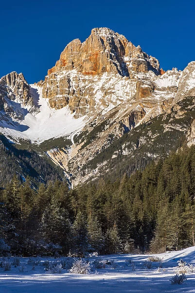 Winter view of Croda Rossa daaAmpezzo or Hohe Gaisl mountain, Dolomites, Alto Adige