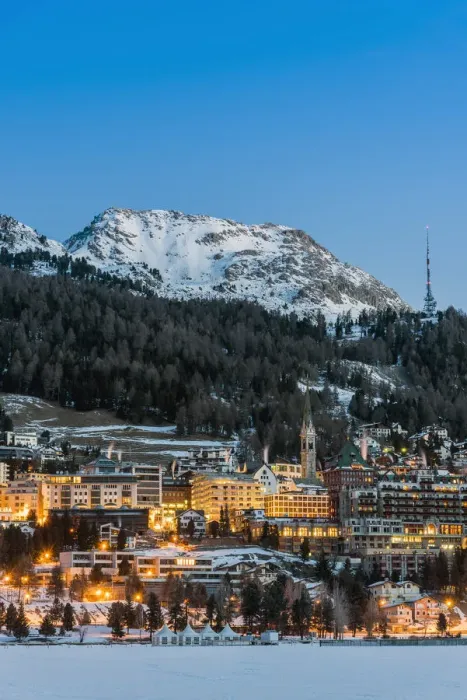 Framed Print : Winter view at dusk of St. Moritz, Graubunden, Switzerland Framed Print : Winter view at dusk of St. Moritz, Graubunden, Switzerland