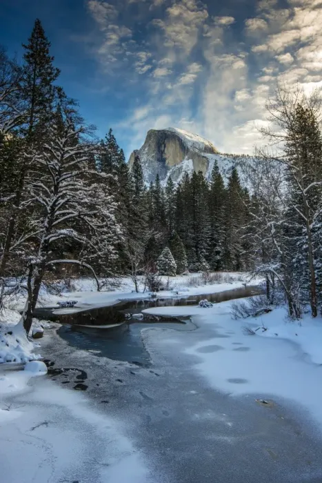 Framed Print : Winter view over icy Tenaya creek with Half Dome mountain behind, Yosemite National Park Framed Print : Winter view over icy Tenaya creek with Half Dome mountain behind, Yosemite National Park