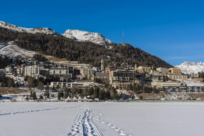 Framed Print : Winter view of St. Moritz from its frozen lake, Graubunden, Switzerland Framed Print : Winter view of St. Moritz from its frozen lake, Graubunden, Switzerland