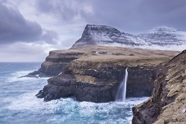 Wintry conditions at Gasadalur on the island of Vagar, Faroe Islands, Denmark, Europe