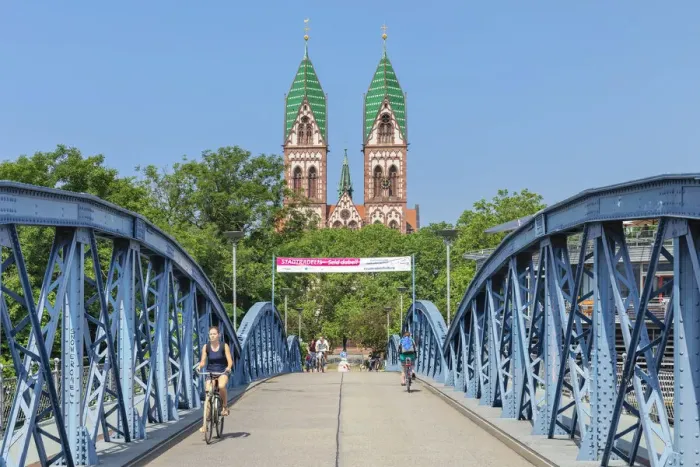 Framed Print : Wiwilibrucke bridge and Herz Jesu Kirche church, Freiburg im Breisgau, Black Forest, Baden-Wurttemberg, Germany