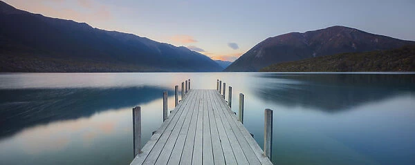A woden jetty in the Rotoiti lake, Nelson lakes, Abel Tasman, South Island, New Zealand