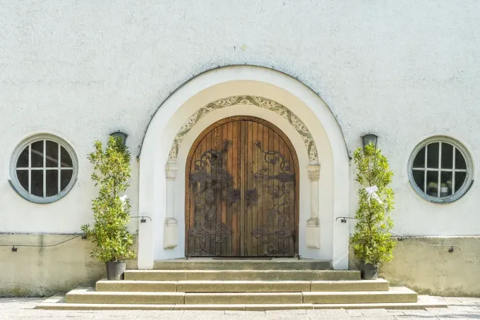 Framed Print : Wolfratshausen, Upper Bavaria, Germany. Entrance portal to the evangelical church of St Framed Print : Wolfratshausen, Upper Bavaria, Germany. Entrance portal to the evangelical church of St