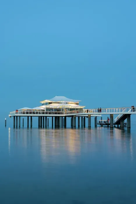 Framed Print : Wolkenlos restaurant on pier at twilight, Timmendorfer Strand, Ostholstein, Schleswig-Holstein, Germany Framed Print : Wolkenlos restaurant on pier at twilight, Timmendorfer Strand, Ostholstein, Schleswig-Holstein, Germany