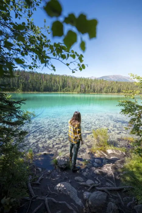 Framed Print : Woman admiring Second lake at Valley of Five Lakes, Jasper, Canadian Rockies, Canada Framed Print : Woman admiring Second lake at Valley of Five Lakes, Jasper, Canadian Rockies, Canada